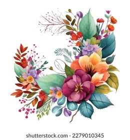 watercolor Vector. Botanical illustration. The composition of pink roses, flowers, colorful leaves, wild and garden herbs. Leaf, bouquets, twigs, elements. Collection of floral arrangements