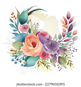 watercolor Vector. Botanical illustration. The composition of pink roses, flowers, colorful leaves, wild and garden herbs. Leaf, bouquets, twigs, elements. Collection of floral arrangements