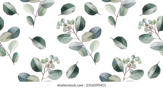 Rama vectorial de color agua sin fisuras con hojas de eucalipto verde aisladas en hojas de árbol de plata blanca. Impresión botánica
