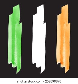 Watercolor vector brush stroke, green, white and orange. Ireland flag colors.