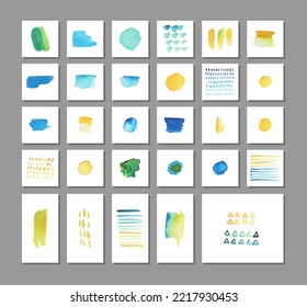 Watercolor vector brush strokes illustrations. Set of beautiful vector watercolor shapes on white background cards. Can be used for social media posts promotion.