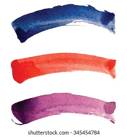 Watercolor vector brush strokes set red, blue and violet color