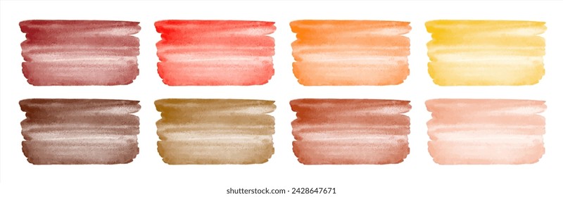 Watercolor vector brush strokes, smears set. Banners collection, rectangle shape. Painted red, orange, yellow, coffee brown, beige watercolour stains textures. Aquarelle templates, text backgrounds.