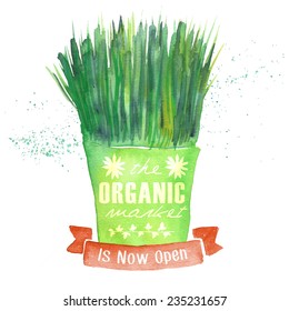 Watercolor vector bucket with green grass.Each element is on separate layer.