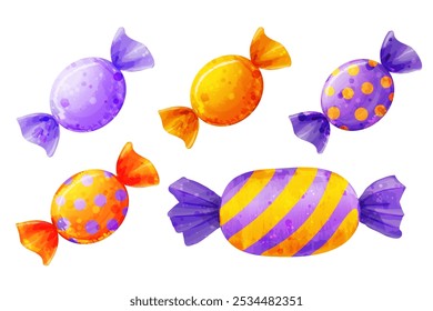 Watercolor vector candies in bright wrappers. 