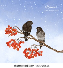 Watercolor vector card  with birds on a branch of rowan