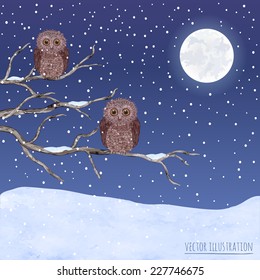 Watercolor vector  card  with owls on a tree and snowflakes