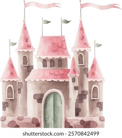 Watercolor vector cartoon castle. Cute illustration.