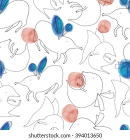 Watercolor vector cartoon seamless pattern with magic creatures flying. Hand painted seamless texture with watercolor stains. Cute childish pattern. 