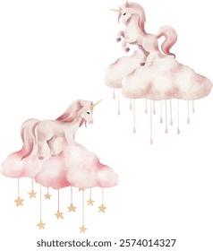 Watercolor vector cartoon unicorns and cloud. Cute illustration.