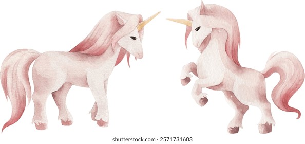 Watercolor vector cartoon unicorns. Cute illustration.