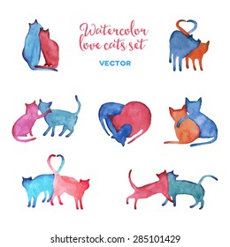 Watercolor vector cats big set. Color couples. Design element.