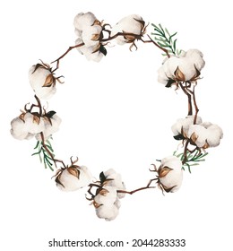 Watercolor vector Christmas arrangement. Cotton flowers and green leaves branches wreath. Water colour drawing.