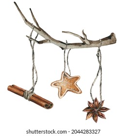Watercolor vector Christmas arrangement. Rope hanging on branch cinnamon stick, gingerbread and anise star. Hand drawn illustration on white background. Water colour drawing.