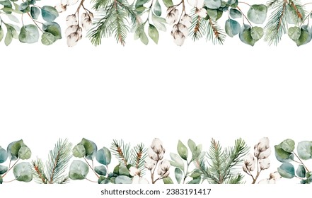 Vector de acuarela tarjeta de Navidad con ramas de abeto y hojas de eucalipto. Espacio de plantilla para texto, mensaje, firmar para tarjetas de felicitación, invitación, tarjeta de boda, celebración, banner, impresión.