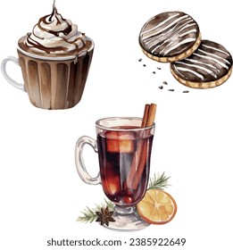 Watercolor vector christmas food set of mulled wine, cocoa with cream peak, oatmeal cookies with chocolate glaze. Template, elements for greeting cards, invitation, poster, celebration, banner, print.