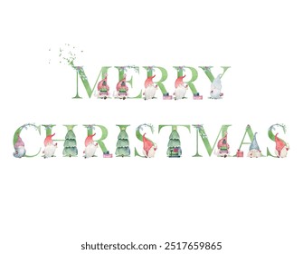 Watercolor vector christmas gnomes for invitation card, nursery poster and other. Wall art decor.