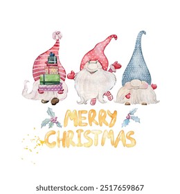 Watercolor vector christmas gnomes for invitation card, nursery poster and other. Wall art decor.