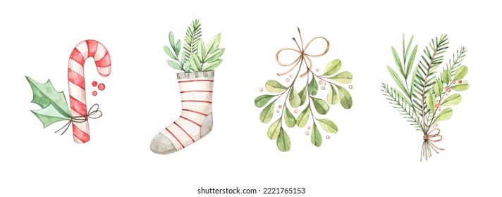 Watercolor vector christmas illustrations. Winter bouquets with florals, socks and fir branches, christmas candy. Red and green palette. Perfect for invitations, greeting cards, posters, package