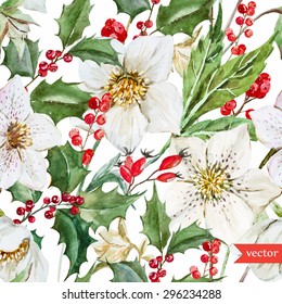 watercolor vector Christmas pattern with flowers hellebore, red berries, wild rose
