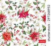 watercolor vector Christmas pattern, hellebore flowers, poinsettia, red berries, white background