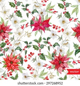 Watercolor Vector Christmas Pattern, Hellebore Flowers, Poinsettia, Red Berries, White Background