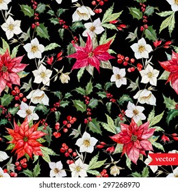 vectorial de color agua Patrón de Navidad, flores de hellebore, poinsettia, bayas rojas, fondo oscuro