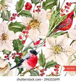 Watercolor Vector Christmas Pattern, White Hellebore Flowers, Holly, Bird