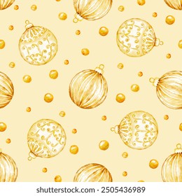 Watercolor vector christmas seamless pattern with gold and white balls