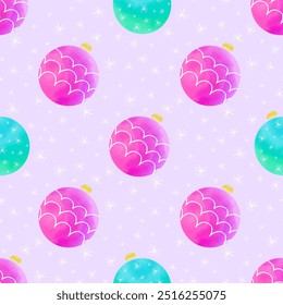Padrão de Natal vetor aquarela sem costura com bolas azuis e cor-de-rosa e flocos de neve. Padrão em amostras. Para tecidos, papel de embrulho e outras decorações