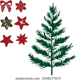 Watercolor vector Christmas tree bundle, collection.  Set of bows, Christmas trees without decoration, triangular shape. Template for greeting cards, invitation, decoration, fabric, textil surface