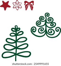 Watercolor vector Christmas tree bundle, collection.  Christmas decor, red stars, Christmas toys. Christmas tree without decoration, winter theme. Template for greeting cards, invitation, fabric, text