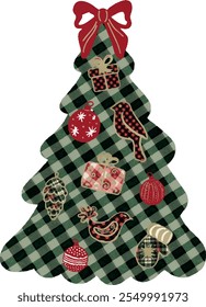 Watercolor vector Christmas tree bundle, collection, patchwork.  Set of bows, stars, green cage, plaid texture. Christmas trees. Christmas tree without decoration, fabric, textil surface.