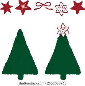 Watercolor vector Christmas tree bundle, collection.  Set of bows and Christmas trees.  Christmas tree without decoration, triangular shape. Template for greeting cards, invitation, decoration