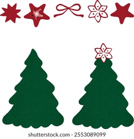 Watercolor vector Christmas tree bundle, collection.  Set of red bow, red stars and Christmas trees.  Christmas tree without decoration, fabric, textil surface. Template for greeting cards, invitation