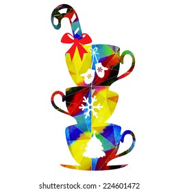 watercolor Vector Christmas tree and a cup