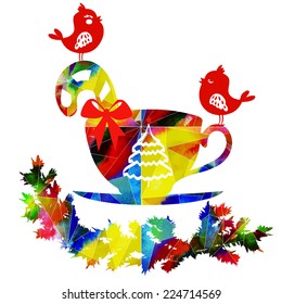 watercolor Vector Christmas tree and a cup with birds