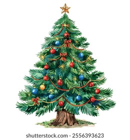 Watercolor vector of Christmas tree, isolated on a white background, Christmas tree painting