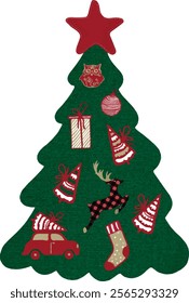 Watercolor vector Christmas tree with red star. Fabric Christmas tree with decoration. Textil tree, patchwork style. Vintage. Greeting design, stickers, scrapbook