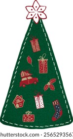 Watercolor vector Christmas tree with red star. Fabric Scandinavian Christmas tree with decoration. Textil tree, patchwork style. Vintage. Greeting design, stickers, scrapbook