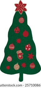 Watercolor vector Christmas tree with red star. Fabric Christmas tree with beautiful toys. Textil tree, patchwork style. Vintage. Greeting design, stickers, scrapbook