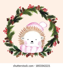 Watercolor vector Christmas wreath and cute hedgehog in a childish good style in a hat and scarf. Green spruce wreath with cones, berries. Round isolated illustration. Spruce circle, animal character