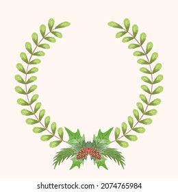 Watercolor vector Christmas wreath with green branches and pine