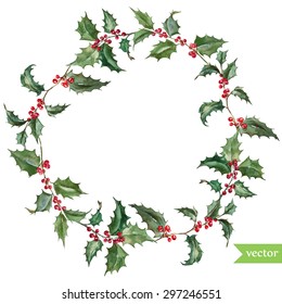 Watercolor Vector Christmas Wreath Holly Plant