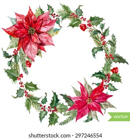 Watercolor Vector Christmas Wreath Poinsettia Plant, Tree, Fruit,