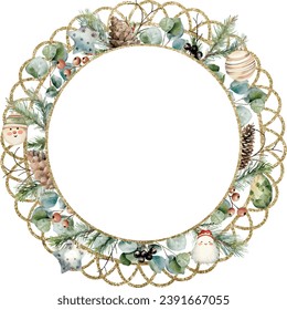 Watercolor vector circle brilliant golden frame with cedar branches, eucalyptus, christmas toys. Greenery. Template space for text, message, greeting cards, invitation, wedding card, save the date.