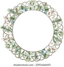 Watercolor vector circle brilliant silver frame with cotton, cedar branches, eucalyptus. Greenery. Template space for text, message, greeting cards, invitation, wedding card, save the date.
