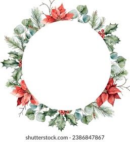 Watercolor vector circle frame with borders made by Holly berries, poinsettia, cedar branches, eucalyptus. Greenery. Template for text, greeting cards, invitation, wedding card, celebration, banner.