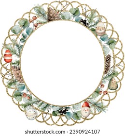 Watercolor vector circle lacy brilliant golden frame with cedar branches, eucalyptus, christmas tree toys. Greenery. Template space for text, message, greeting cards, invitation, wedding card.