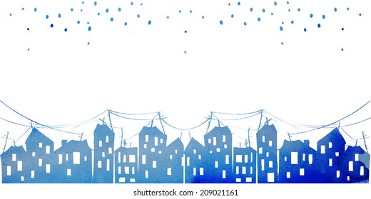 watercolor vector city evening under the stars